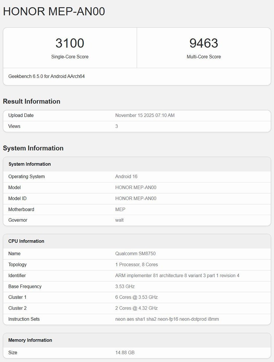Hiệu năng trên Geekbench của Honor 500 Pro