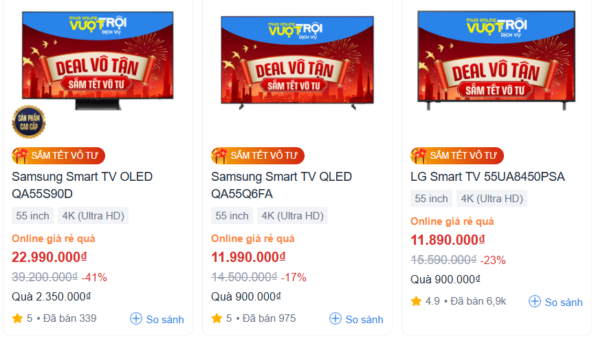 TV đang vào mùa giảm giá "không phanh" tại các hệ thống điện máy. (Ảnh chụp màn hình)