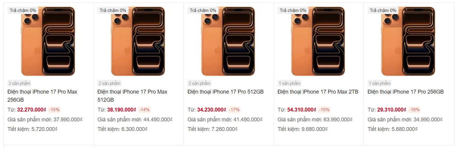 Danh dách một số iPhone 17 Pro và Pro Max cũ tại một hệ thống lớn.