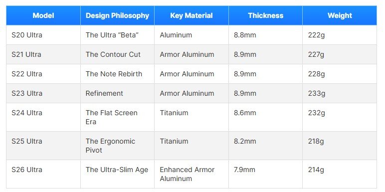 So sánh độ dày và trọng lượng giữa các mẫu Galaxy S Ultra.