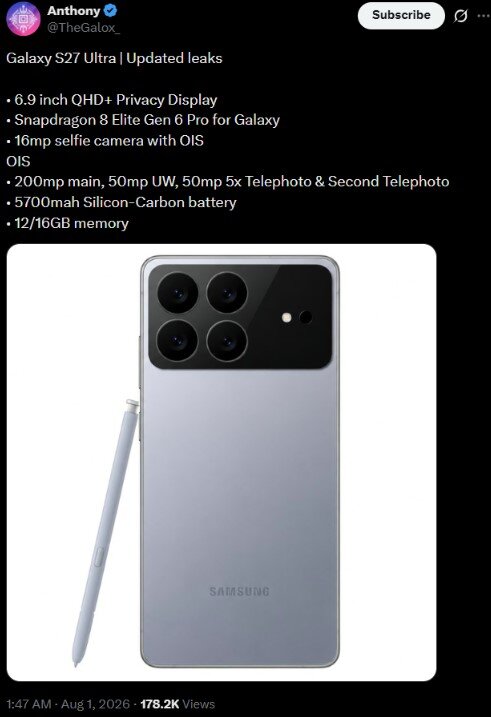 Tin đồn về Galaxy S27 Ultra.