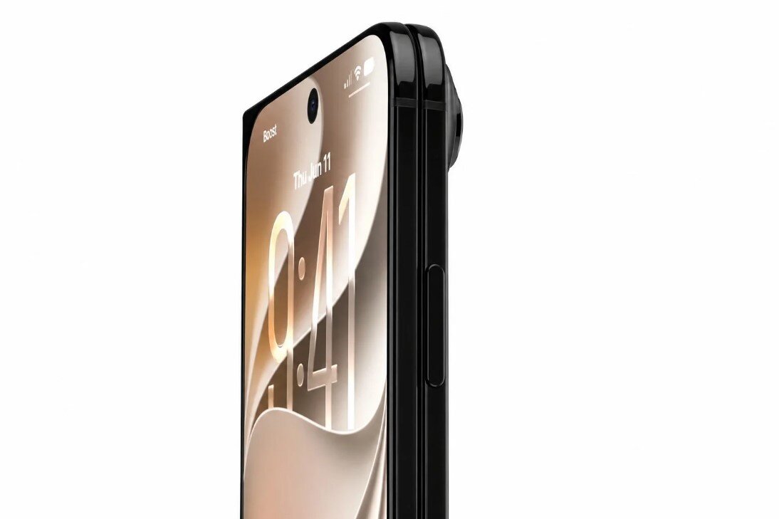 Ảnh render iPhone Ultra với camera selfie bên ngoài nằm chính giữa màn hình.