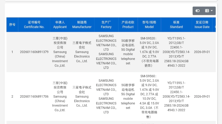 Dữ liệu chứng nhận 3C về tốc độ sạc của Galaxy S27 tiêu chuẩn.