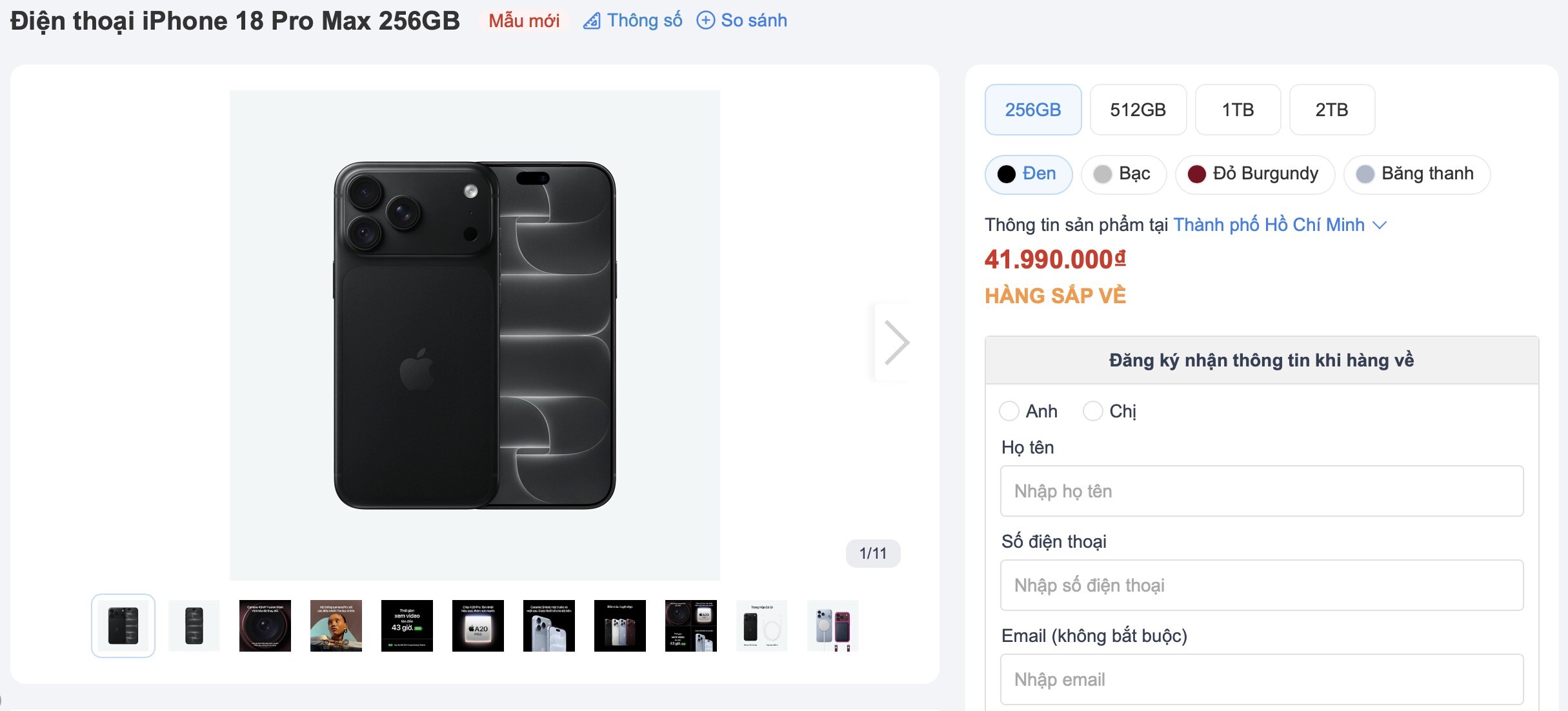 iPhone 18 Pro Max không sẵn hàng để iFan mua trực tiếp. (Ảnh chụp màn hình)