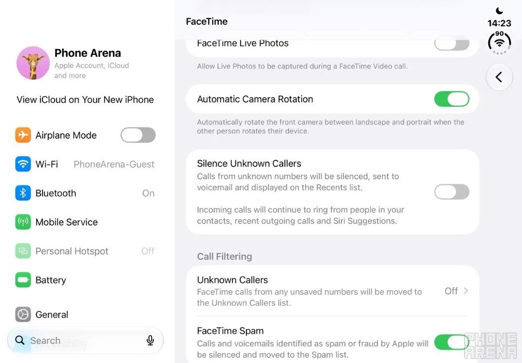 Trang cài đặt FaceTime trong ứng dụng Cài đặt của iPhone Duo.